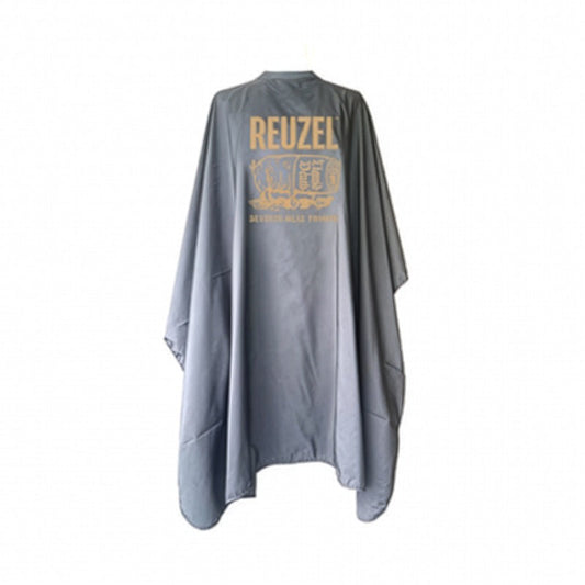 Reuzel X Liquid Death severed head barber cape with bold graphic design, made for barbers and grooming enthusiasts.