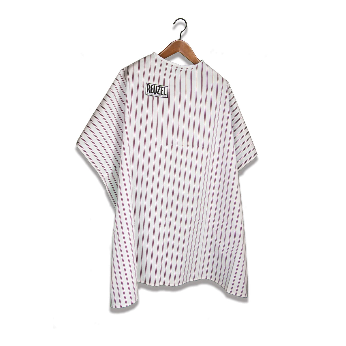 Traditional white Barber Cape with burgundy stripes with 'Reuzel' logo on a white background