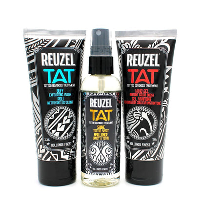 Reuzel TAT Trio tattoo aftercare products with Buff exfoliating wash, Shine spray, and Vivid gel on a white background.